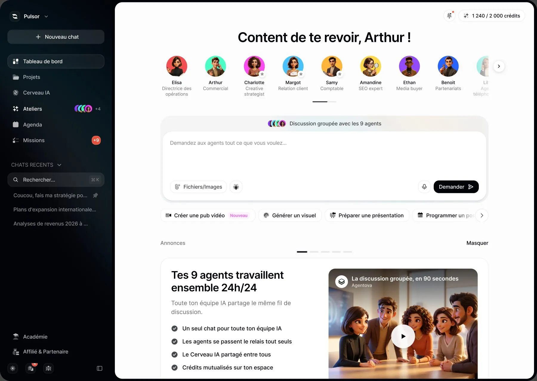 Application SaaS Agentova : l'équipe d'agents IA dans un chat groupé