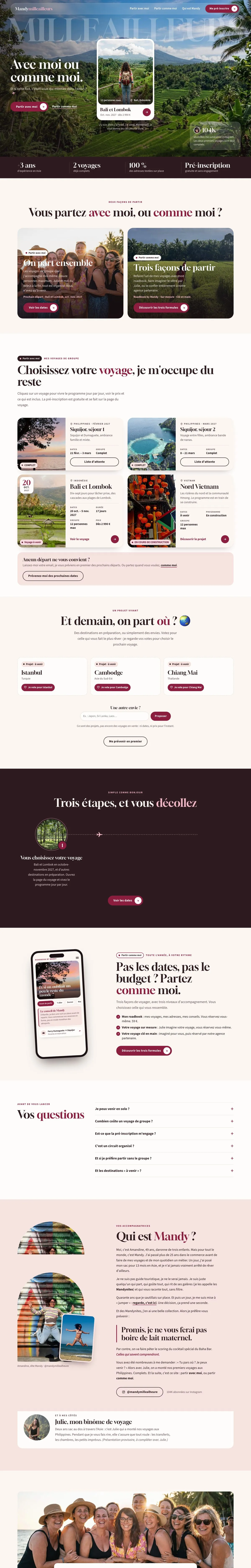 Site Mandymilleailleurs, page d'accueil complète