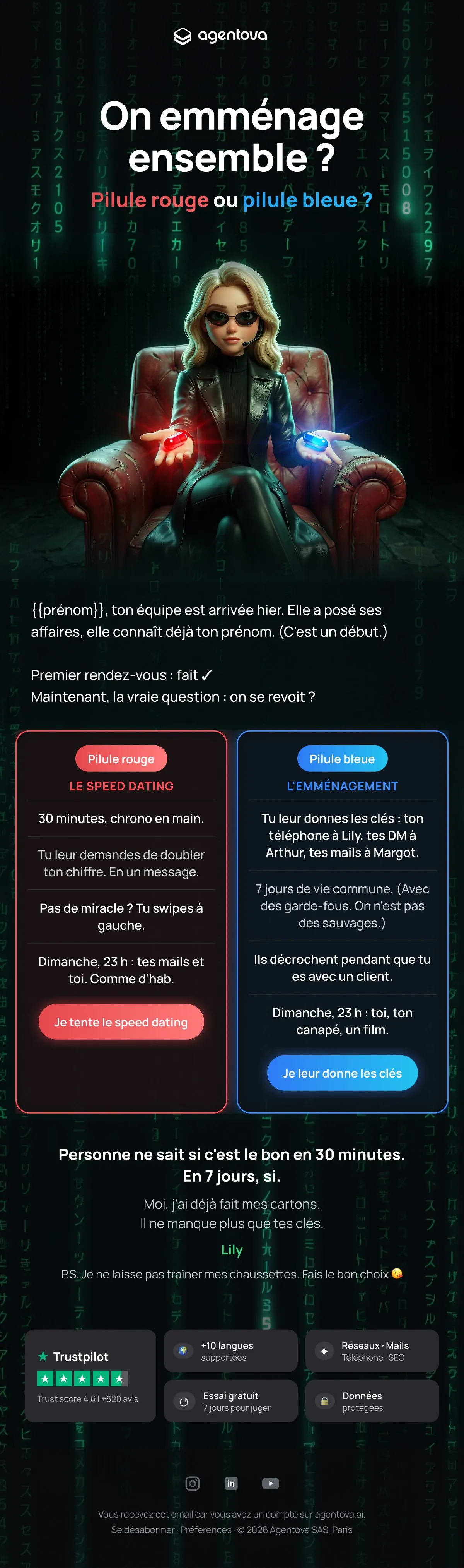 Email Agentova « On emménage ensemble ? » façon Matrix