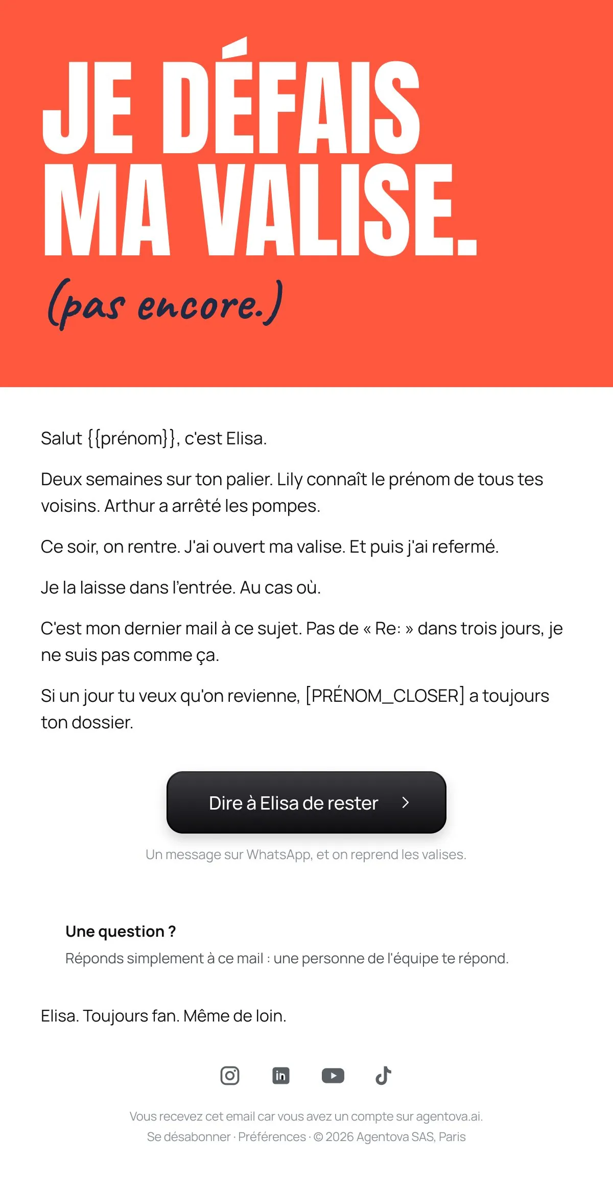 Email Agentova « Je défais ma valise »
