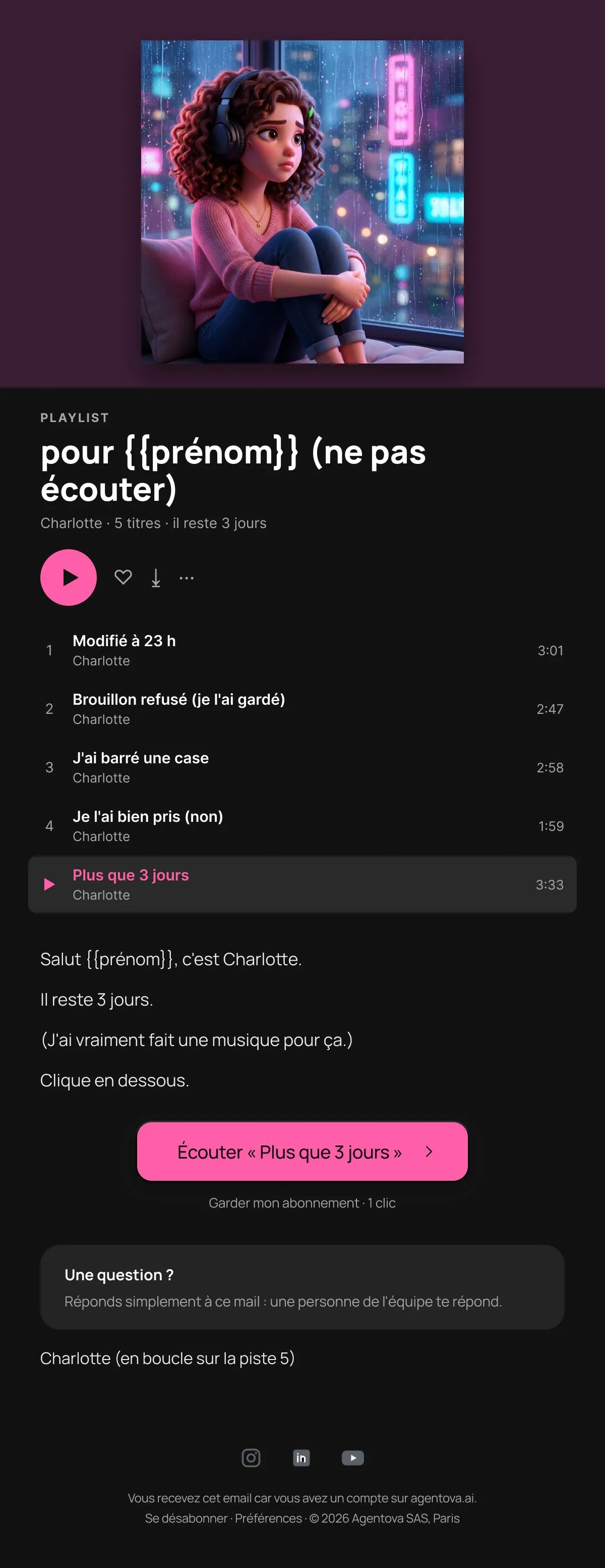 Email Agentova « Playlist » façon Spotify