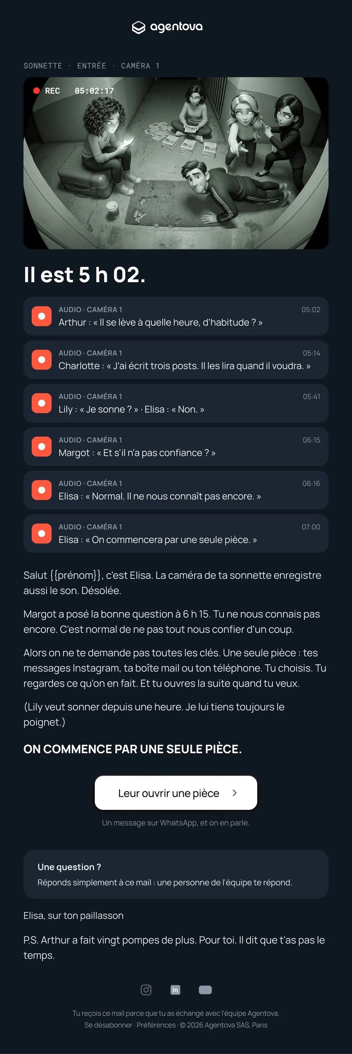 Email Agentova « Il est 5 h 02 », caméra de sonnette