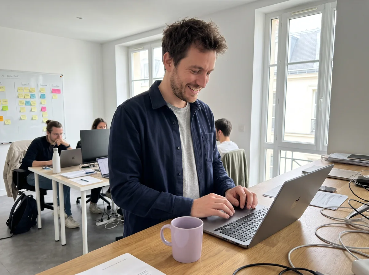 Un fondateur de start-up répond depuis son téléphone, au bureau